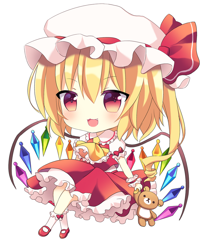 1girl blonde_hair bobby_socks chibi cravat crossed_legs fang flandre_scarlet hat hat_ribbon looking_at_viewer mary_janes mayo_(miyusa) mob_cap open_mouth puffy_short_sleeves puffy_sleeves red_eyes ribbon shoes short_hair short_sleeves side_ponytail simple_background skirt skirt_set socks solo stuffed_animal stuffed_toy teddy_bear touhou white_background wings wrist_cuffs