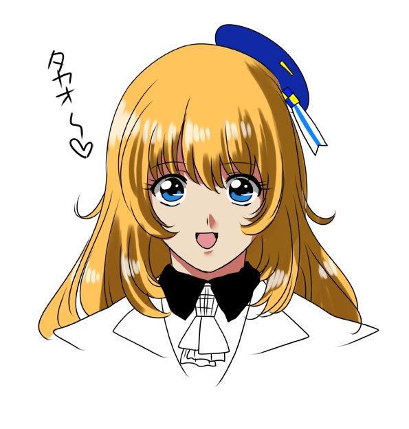 1girl alternate_hairstyle ascot atago_(kantai_collection) bangs beret blonde_hair blue_eyes commentary_request hat heart jacket kantai_collection kidou_senkan_nadesico long_hair mini_hat misumaru_yurika open_mouth partially_colored perepere-kun retro simple_background sketch smile solo translation_request upper_body white_background
