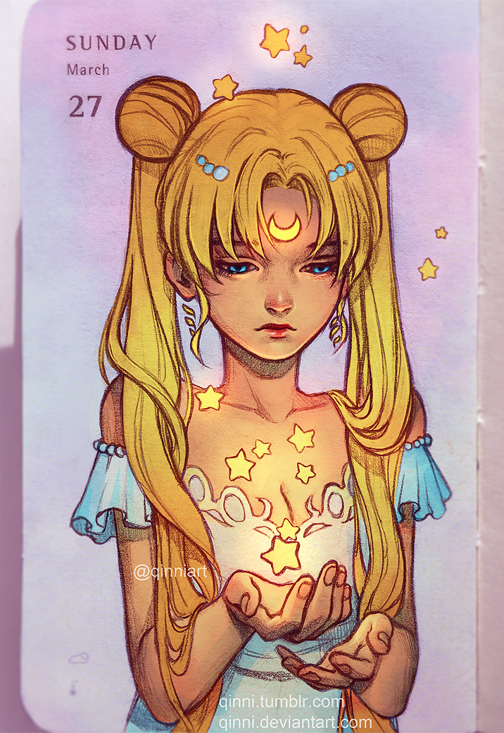 1girl bare_shoulders beads bishoujo_senshi_sailor_moon blonde_hair breasts card_(medium) cleavage crescent dated double_bun dress facial_mark forehead_mark frown hair_beads hair_ornament looking_down photo princess_serenity qinni solo star traditional_media tsukino_usagi twintails upper_body watermark web_address white_dress