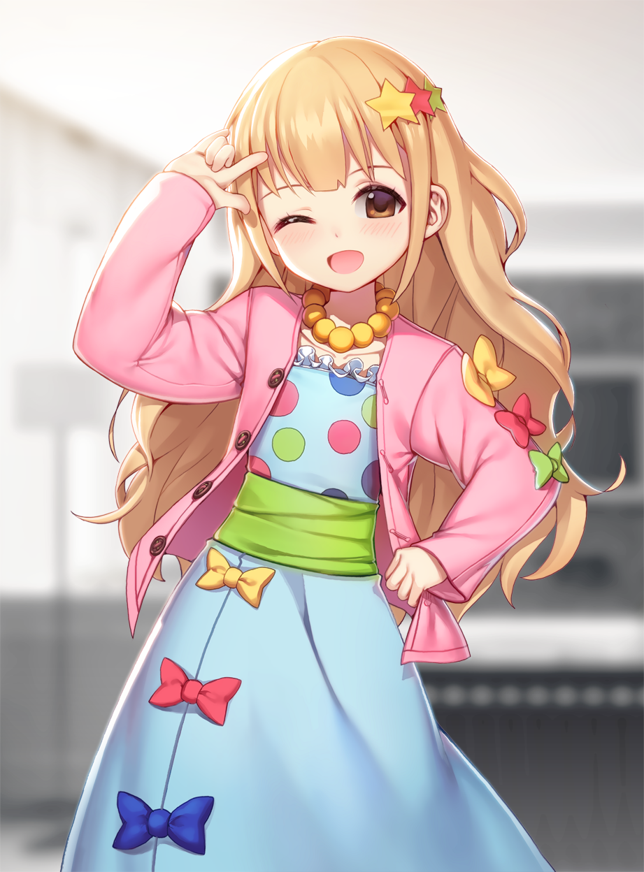 1girl ;d \m/ alternate_hairstyle blonde_hair blue_dress blurry blush brown_eyes collarbone depth_of_field dress futaba_anzu hair_ornament highres idolmaster idolmaster_cinderella_girls jacket jewelry long_hair looking_at_viewer moroboshi_kirari moroboshi_kirari_(cosplay) necklace one_eye_closed open_clothes open_jacket open_mouth polka_dot polka_dot_dress rheez sleeves_past_wrists smile solo star_hair_ornament very_long_hair