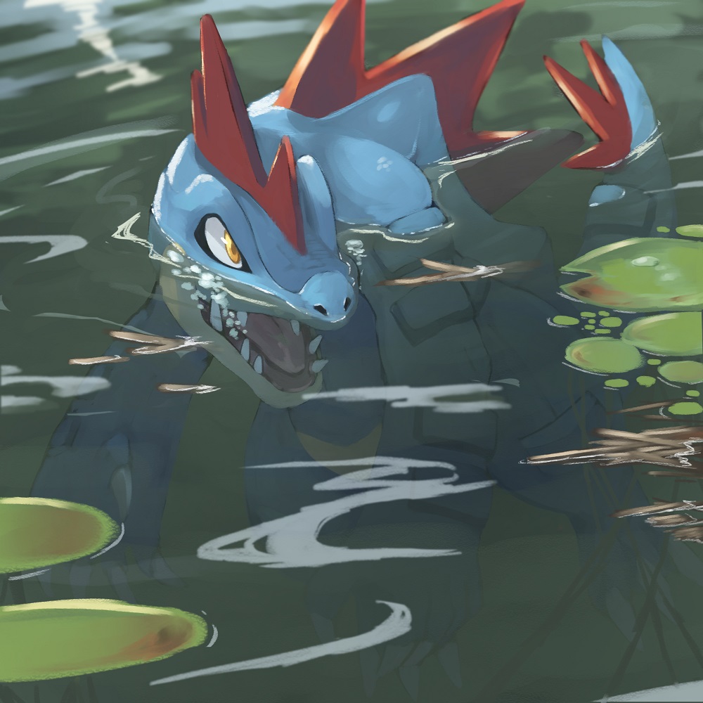 feraligatr lily_pad no_humans partially_submerged pokemon pokemon_(creature) sharp_teeth solo tail teeth tesshii_(riza4828) yellow_eyes