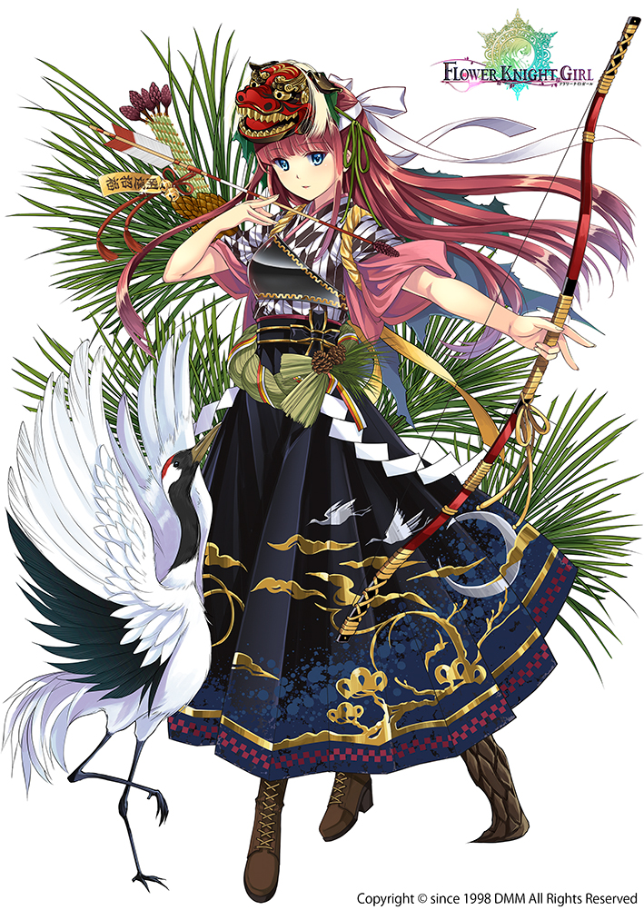 1girl arrow bell bird blue_eyes boots bow_(weapon) brown_boots city_forest_online crane_(animal) cross-laced_footwear flower_knight_girl full_body hakama japanese_clothes jingle_bell kimono lace-up_boots long_hair looking_at_viewer mask matsu_(flower_knight_girl) muneate official_art pine_tree pinecone print_hakama red-crowned_crane redhead shide shimekazari solo standing tasuki tree weapon white_background yagasuri