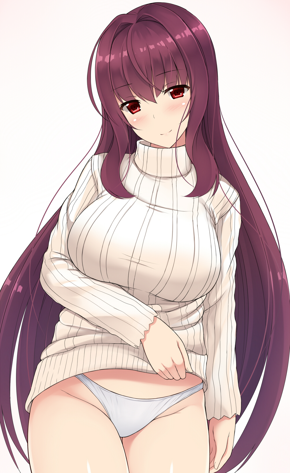 1girl brown_hair clothes_lift fate/grand_order fate_(series) groin highres lifted_by_self looking_at_viewer mizunashi_kenichi no_pants panties red_eyes ribbed_sweater scathach_(fate/grand_order) shiny shiny_skin simple_background smile solo sweater sweater_lift turtleneck underwear white_background