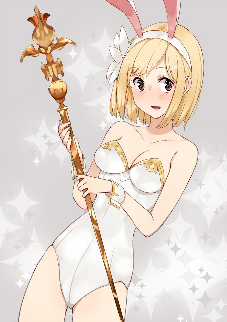 1girl :d amayu animal_ears bare_arms bare_shoulders blonde_hair blush breasts cleavage collarbone djeeta_(granblue_fantasy) dutch_angle eyebrows eyebrows_visible_through_hair fake_animal_ears granblue_fantasy grey_background hairband holding_staff leotard looking_at_viewer open_mouth rabbit_ears red_eyes short_hair simple_background smile solo sparkle standing strapless strapless_leotard thighs wrist_cuffs