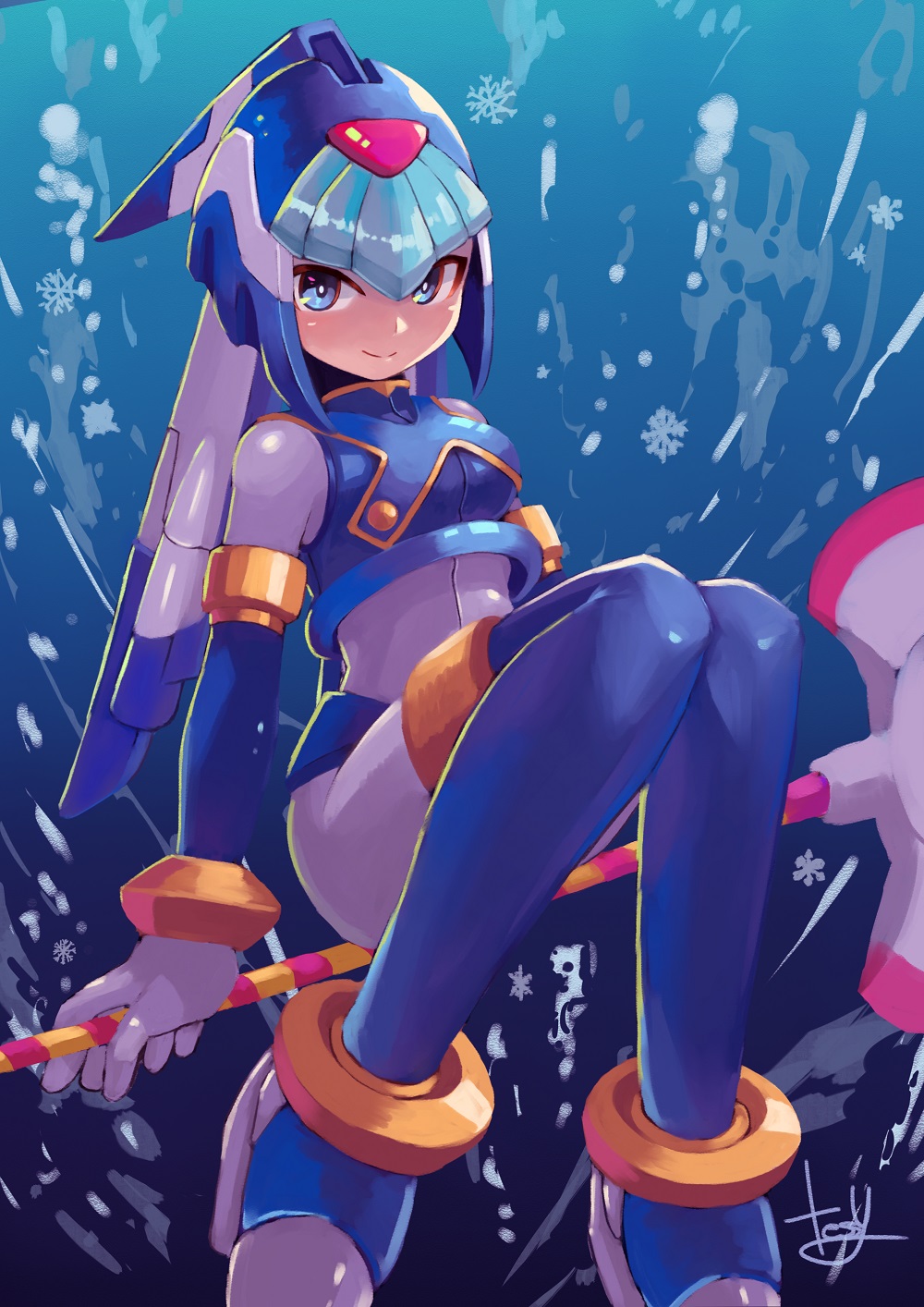 1girl android bent_knees blue_eyes boots glaive helmet highres leviathan_(rockman) rockman rockman_zero signature smile snowflakes solo tesshii_(riza4828) thigh-highs underwater