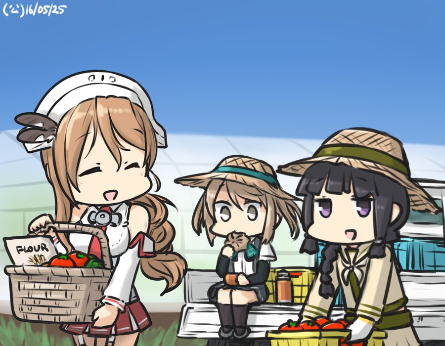 3girls basket blonde_hair blue_sky braid brown_hair commentary dated detached_sleeves double_bun eating_hair feathers garter_straps greenhouse hair_feathers hamu_koutarou hat headdress kantai_collection kitakami_(kantai_collection) littorio_(kantai_collection) long_hair michishio_(kantai_collection) motor_vehicle multiple_girls neckerchief necktie open_mouth pleated_skirt ponytail school_uniform serafuku shirt short_twintails single_braid skirt sky sleeveless sleeveless_shirt straw_hat tomato truck twintails vehicle wavy_hair