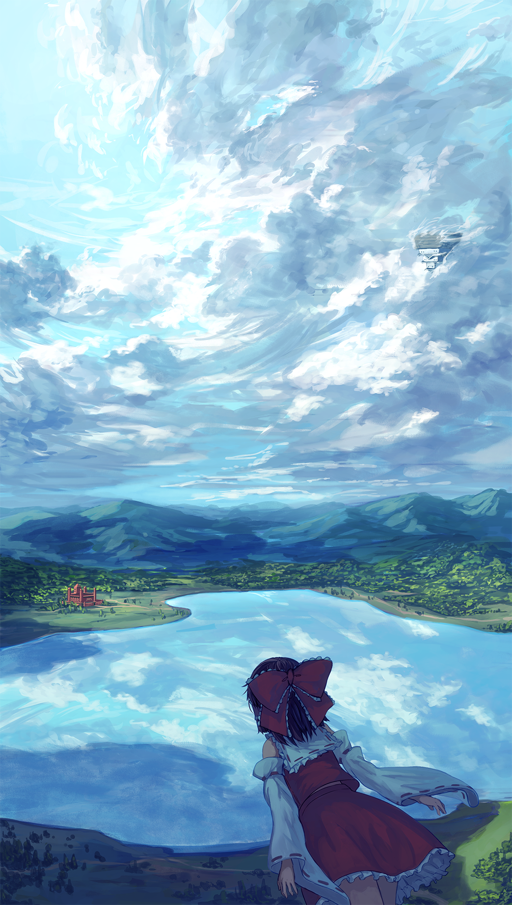 1girl berabou blue_sky bow brown_hair clouds collar day detached_sleeves flying forest frilled_collar frills gensoukyou hair_bow hakurei_reimu highres misty_lake mountain nature red_shirt red_skirt reflection ribbon-trimmed_collar ribbon-trimmed_sleeves ribbon_trim scarlet_devil_mansion scenery shade shining_needle_castle shirt skirt sky solo touhou unzan when_you_see_it