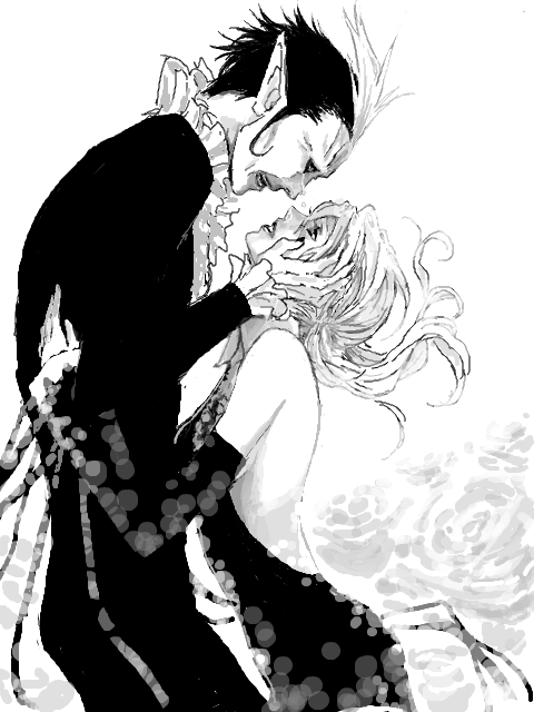 1boy 1girl arystar_krory bare_back bare_shoulders black_sclera couple d.gray-man detached_sleeves dress eliade eye_contact hands_on_another's_face holding long_hair looking_at_another lowres monochrome open_mouth parted_lips pointy_ears ruffles short_hair sideburns simple_background tears twintails two-tone_hair white_background