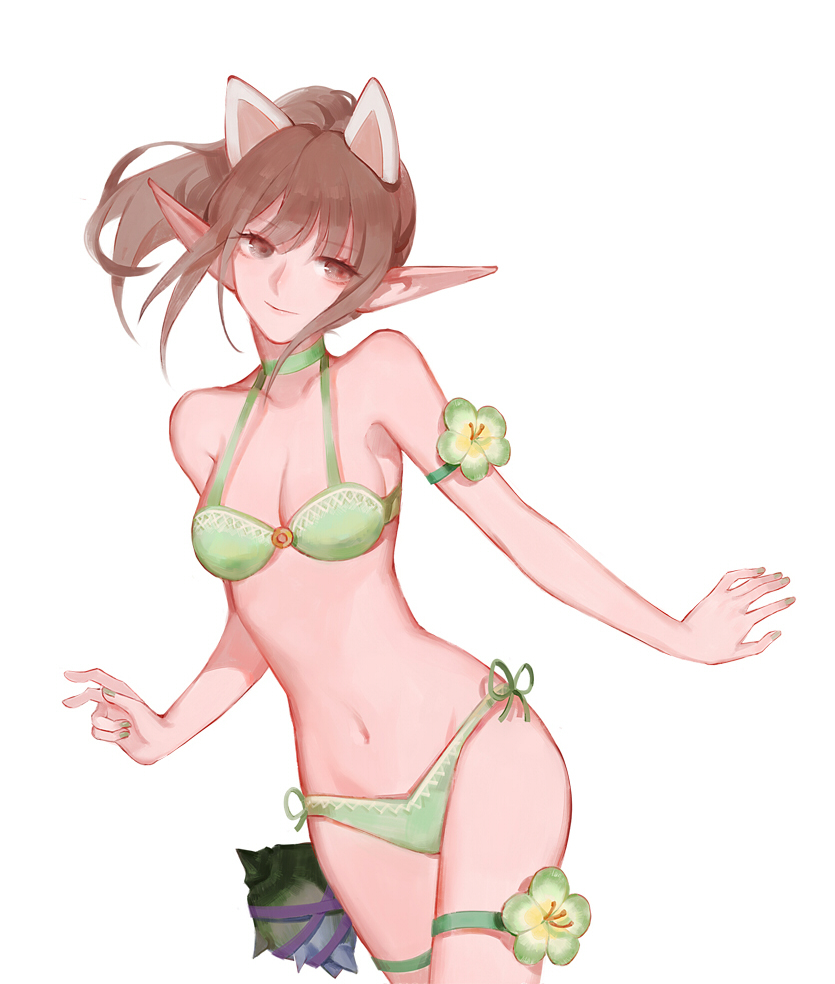 1girl animal_ears bikini breasts brown_hair character_request choker cleavage collarbone dragon_nest flower green_bikini green_nails long_pointy_ears nail_polish navel pointy_ears ponytail satsuya side-tie_bikini simple_background solo swimsuit thigh_strap white_background