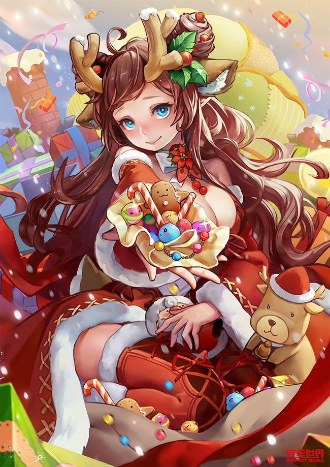 1girl :v ahoge antlers bangs bell blue_eyes box breasts brown_hair candy candy_cane chimney cleavage company_name copyright_request detached_sleeves double_bun dress fei_(idws321) food fur_trim gift gift_box gingerbread_man hat jingle_bell outstretched_arm red_dress sitting solo sparkle streamers stuffed_deer stuffed_toy swept_bangs thigh-highs wariza water
