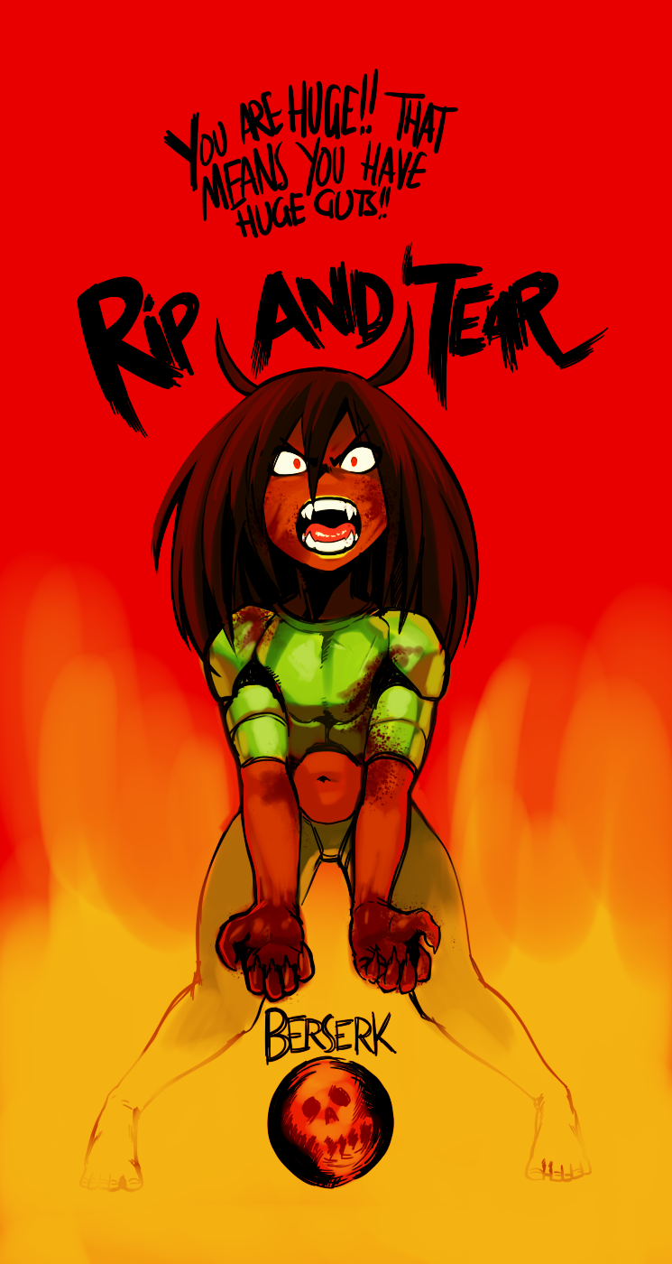 1girl aniece_(nitrotitan) armor barefoot blood blood_on_face bloody_hands brown_hair claws constricted_pupils demon_girl doom_(game) doomguy english fangs highres meme navel nitrotitan open_mouth original parody red_background red_eyes solo