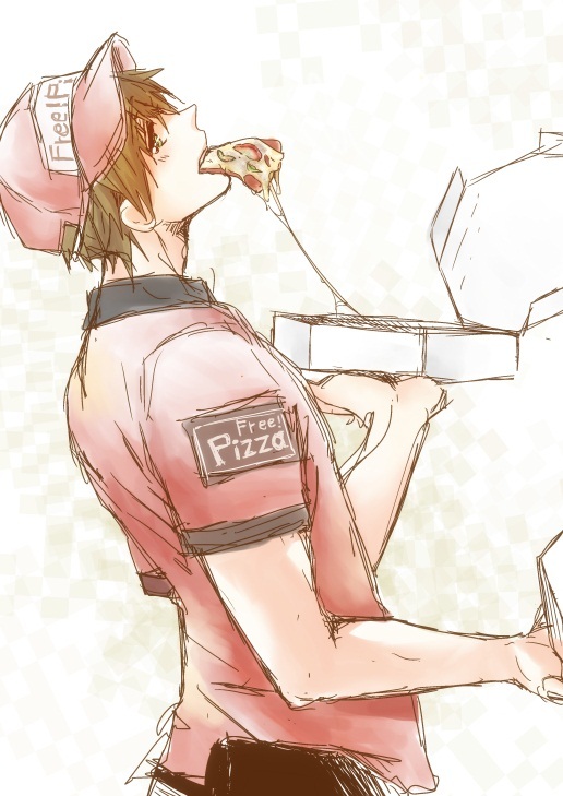 1boy brown_hair cheese food free! hat lowres mouth_hold pepperoni pizza pizza_box rough short_hair solo tachibana_makoto uniform