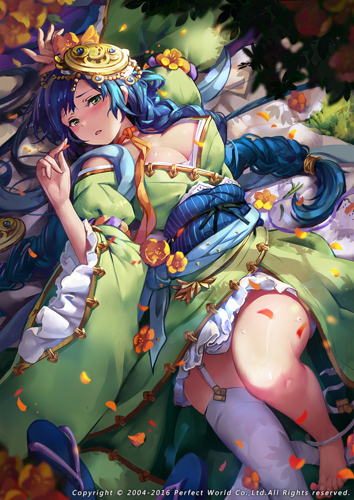 1girl 2004 2016 arm_up barefoot blue_hair blush braid breasts company_name copyright_request english fei_(idws321) flower garter_straps green_eyes hair_ornament japanese_clothes kimono long_hair lying neck_ribbon nose_blush number off_shoulder on_back orange_ribbon parted_lips petals ribbon sandals_removed single_thighhigh solo thigh-highs twin_braids very_long_hair watermark white_legwear wide_sleeves