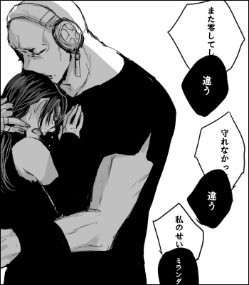 1boy 1girl bald bare_shoulders closed_eyes crying detached_sleeves headphones holding lowres miranda_lotto monochrome noise_marie oekaki open_mouth sad simple_background t-shirt tears translation_request white_background