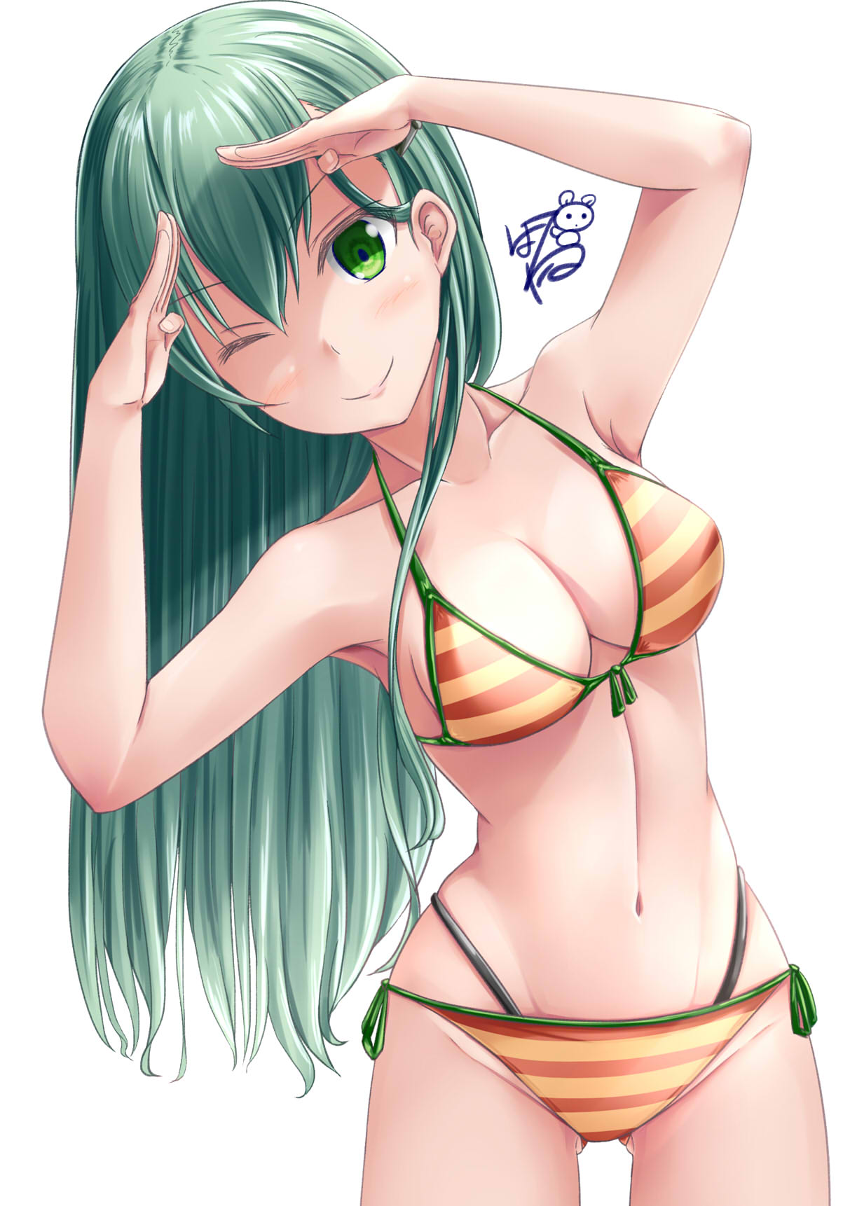 1girl alternate_costume armpits ayakase_hotaru bikini blush breasts cleavage collarbone eyebrows_visible_through_hair gluteal_fold green_eyes green_hair groin hair_ornament hairclip hands_up highleg highleg_bikini highres hips horizontal_stripes kantai_collection large_breasts leaning_to_the_side long_hair looking_at_viewer navel one_eye_closed side-tie_bikini signature simple_background skindentation smile solo stomach striped striped_bikini suzuya_(kantai_collection) swimsuit thighs white_background