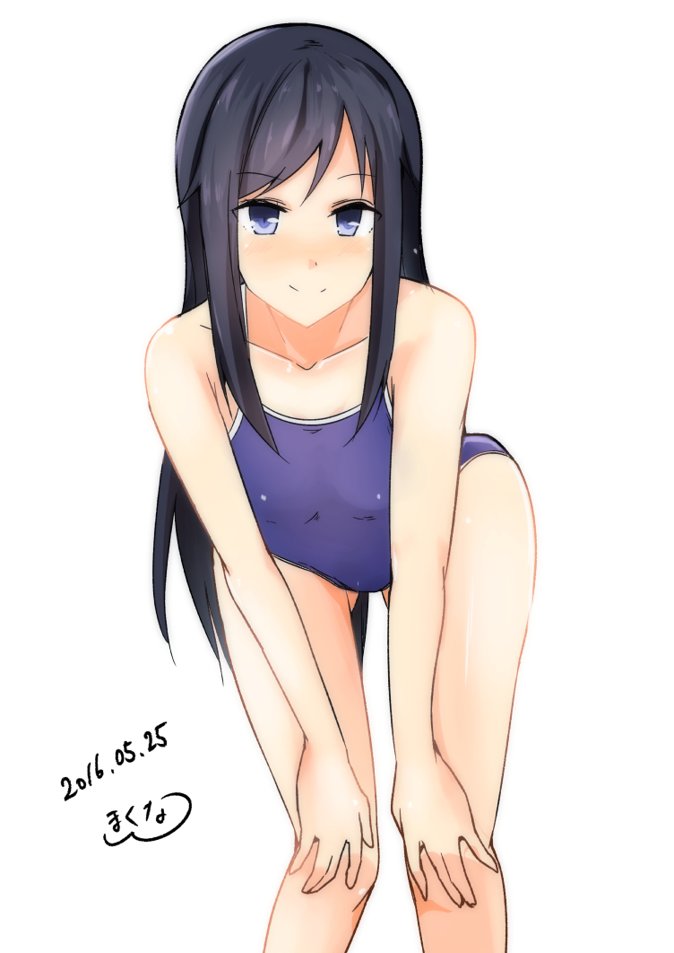 1girl artist_request asashio_(kantai_collection) bare_shoulders bent_over black_hair blue_eyes blush collarbone competition_swimsuit dated hands_on_own_knees kantai_collection kitaminami leaning_forward long_hair looking_at_viewer one-piece_swimsuit signature simple_background smile solo swimsuit white_background