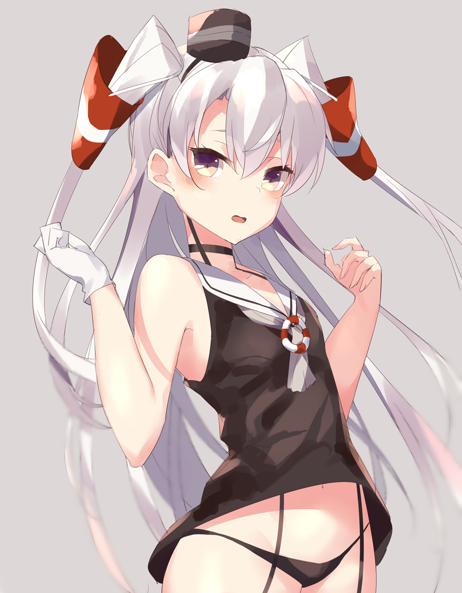 1girl adapted_costume amatsukaze_(kantai_collection) black_panties black_shirt brown_eyes brown_tank_top cowboy_shot garter_straps gloves grey_background hair_tubes hat kantai_collection long_hair looking_at_viewer mini_hat panties sailor_collar shirt silver_hair simple_background single_glove sleeveless solo sutaa_dasuto-kun two_side_up underwear white_gloves white_sailor_collar windsock