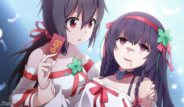 :o aoba_(kantai_collection) artist_name bare_shoulders black_hair blank_eyes blue_background braid card collar collarbone detached_sleeves dress feathers hair_between_eyes hairband hand_on_another's_shoulder holding holding_card kantai_collection long_sleeves low_ponytail mtyy no_pupils number open_mouth pink_eyes purple_hair simple_background twin_braids upper_body violet_eyes white_dress wrist_grab zhan_jian_shao_nyu