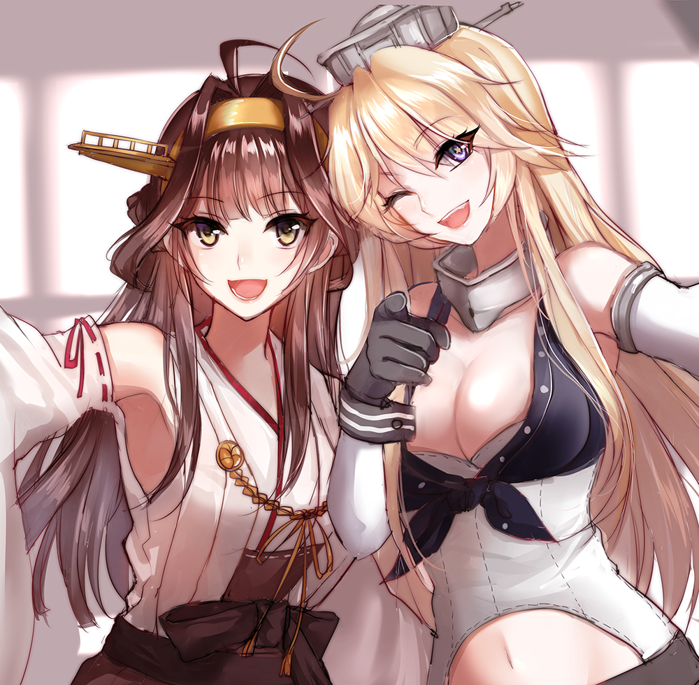 2girls :d ;d armpits black_gloves blonde_hair blue_eyes breasts brown_eyes brown_hair cleavage detached_sleeves gloves headgear iowa_(kantai_collection) kantai_collection kongou_(kantai_collection) long_hair meaomao multiple_girls navel nontraditional_miko one_eye_closed open_mouth smile teeth
