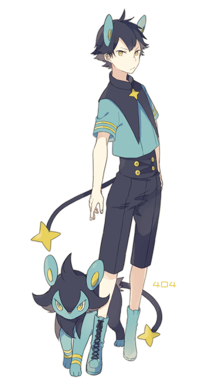 1boy animal_ears arms_at_sides bangs black_hair black_shorts blue_boots boots closed_mouth cross-laced_footwear frown full_body highres lace-up_boots looking_at_viewer luxio number o-ishi personification pokemon pokemon_(creature) pokemon_(game) short_sleeves shorts simple_background standing tail white_background yellow_eyes