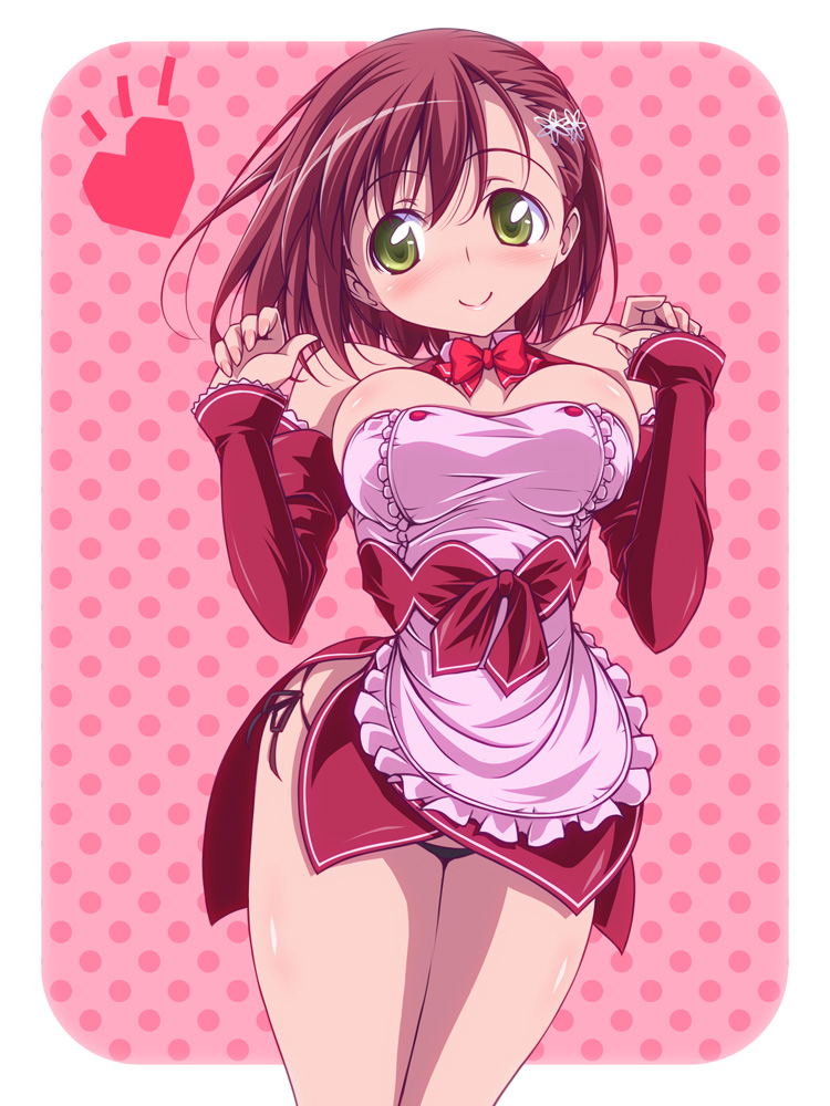 1girl apron bangs bare_shoulders black_panties blush bow breasts detached_collar detached_sleeves dream_c_club_gogo. dress green_eyes hair_ornament hairpin heart karia_(dream_c_club_gogo.) kikuchi_tsutomu looking_at_viewer panties pantyshot pink_background polka_dot polka_dot_background red_dress redhead short_dress short_hair side-tie_panties smile solo standing strapless strapless_dress underwear waitress