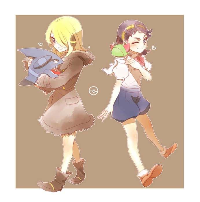 2girls animal animal_on_shoulder blonde_hair carnet_(pokemon) coat full_body gible hair_ornament hair_over_one_eye holding_animal ivory_(25680nico) jacket multiple_girls one_eye_closed parted_lips pokeball_symbol pokemon pokemon_(creature) ralts red_shoes shirona_(pokemon) shoes short_hair shorts smile standing younger