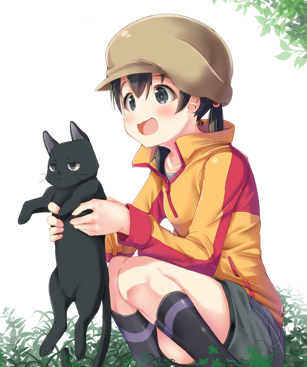 1girl black_hair blush cat chito_(flying_witch) flying_witch green_eyes hat highres kuramoto_chinatsu long_sleeves mad_(hazukiken) open_mouth smile solo