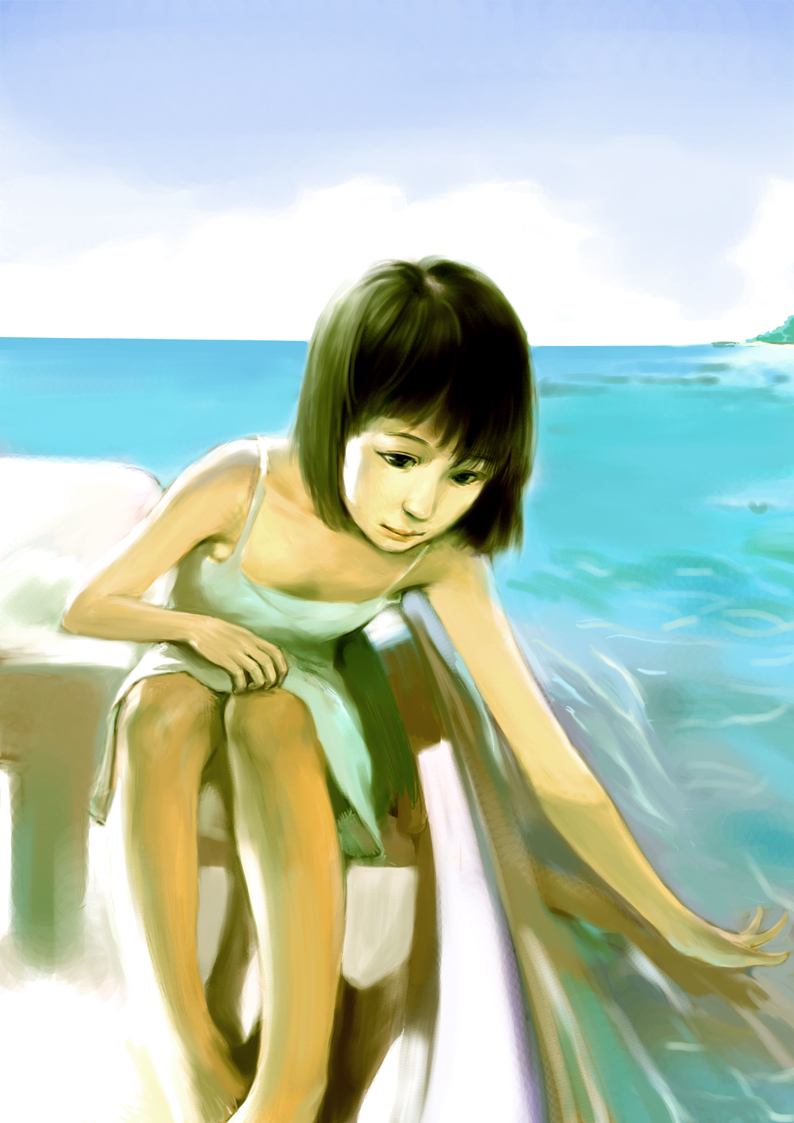 1girl bangs black_eyes black_hair blue_sky boat breasts child cleavage clouds dress flat_chest horizon illidan labcoat legs_together light_smile lips nose ocean original outdoors ripples sitting sky smile solo summer sundress tank_top water white