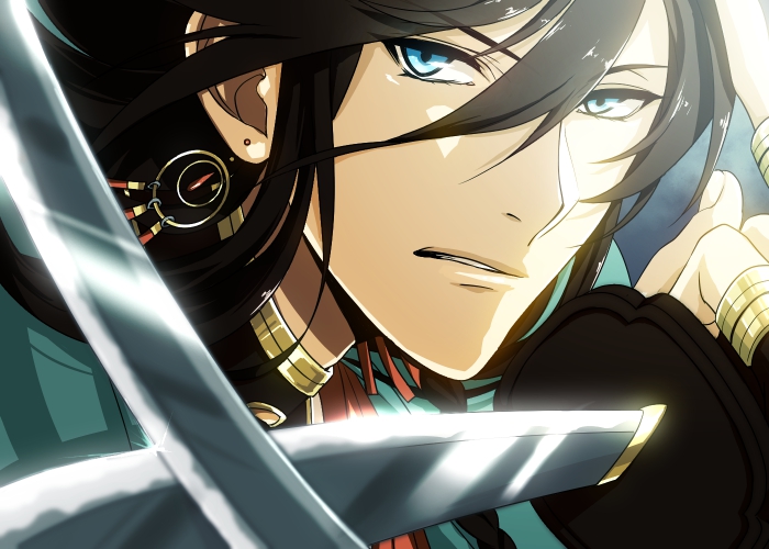 1boy black_hair blue_eyes close-up izumi-no-kami_kanesada katana male_focus solo sword touken_ranbu weapon yuta_(kchimuuuuu)
