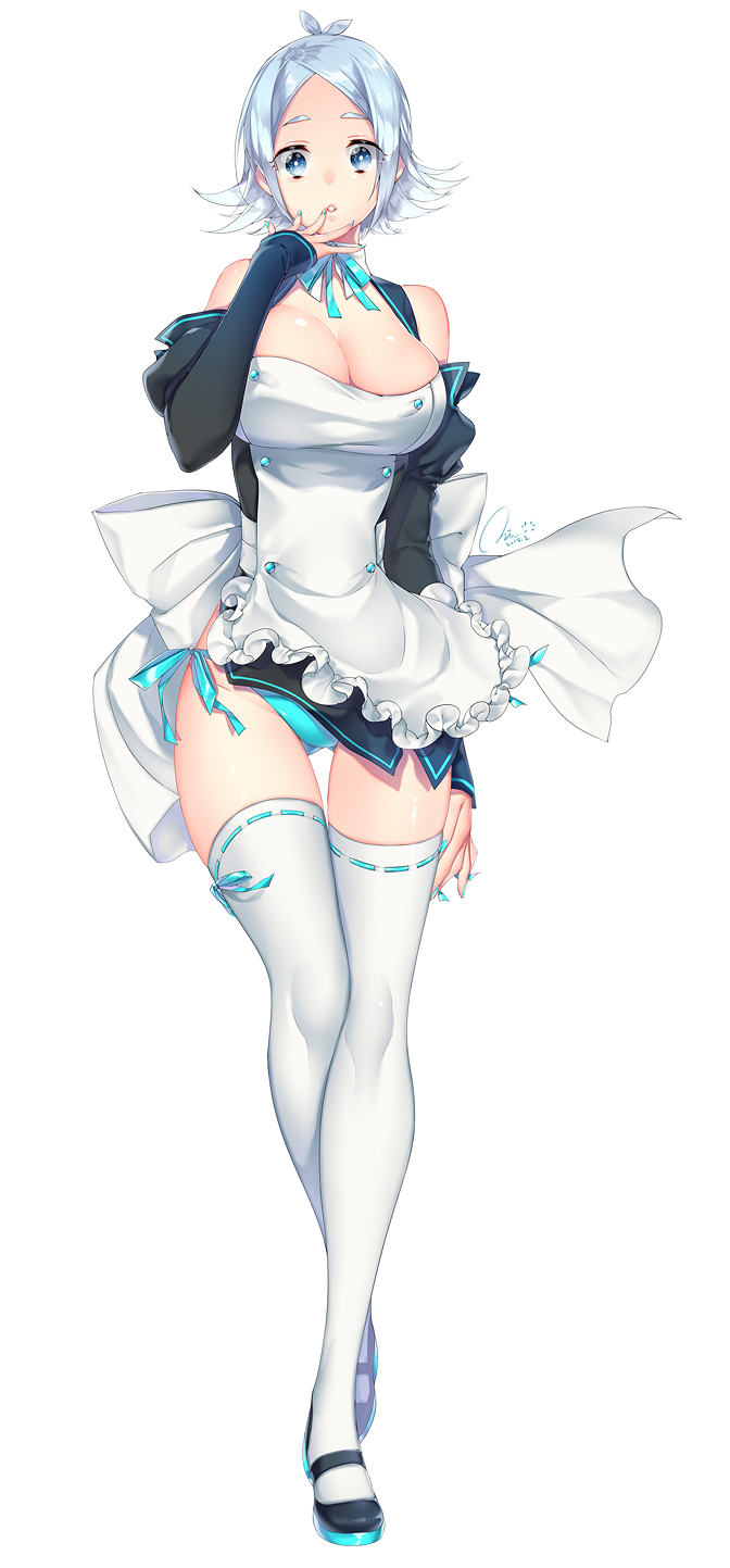 1girl apron bangs bare_shoulders blue_eyes blue_hair bow breasts cleavage crossed_legs detached_sleeves frilled_apron frills fubuki_shirou genderswap groin hand_on_own_face highres inazuma_eleven inazuma_eleven_(series) juliet_sleeves large_breasts long_sleeves looking_at_viewer maid maid_apron mary_janes mirunai panties parted_bangs parted_lips puffy_sleeves ribbon-trimmed_legwear ribbon_trim shiny shiny_skin shoes short_hair side-tie_panties simple_background sleeves_past_wrists solo standing tareme taut_clothes thigh-highs thigh_gap underwear white_background white_legwear
