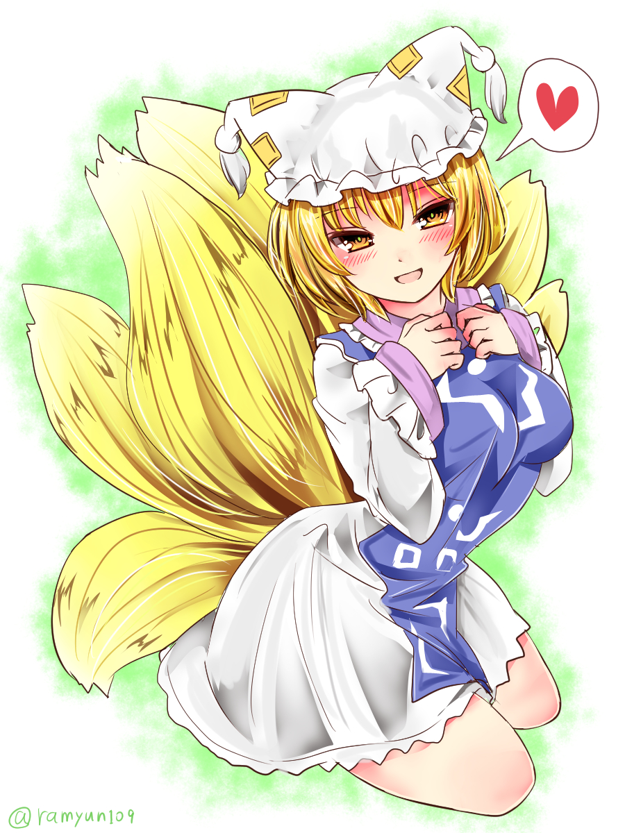 1girl blonde_hair blush breasts dress fox_tail hand_on_own_chest hat highres long_sleeves looking_at_viewer multiple_tails pillow_hat ramudia_(lamyun) short_hair sitting tabard tail tassel touhou white_clothes white_dress wide_sleeves yakumo_ran yellow_eyes