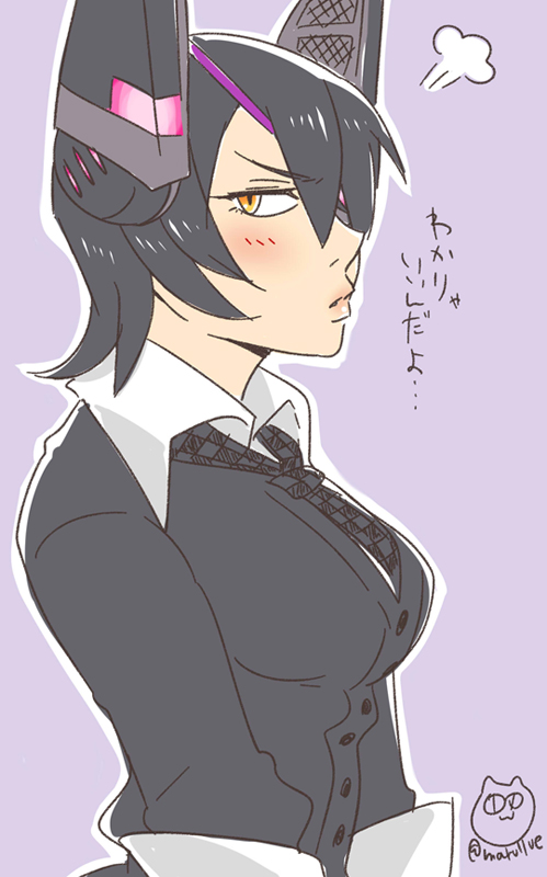 bangs eyepatch from_side hair_over_one_eye headgear kantai_collection looking_at_viewer necktie pout purple_hair saoriko@bochibochi shirt sweater tenryuu_(kantai_collection) translation_request twitter_username yellow_eyes