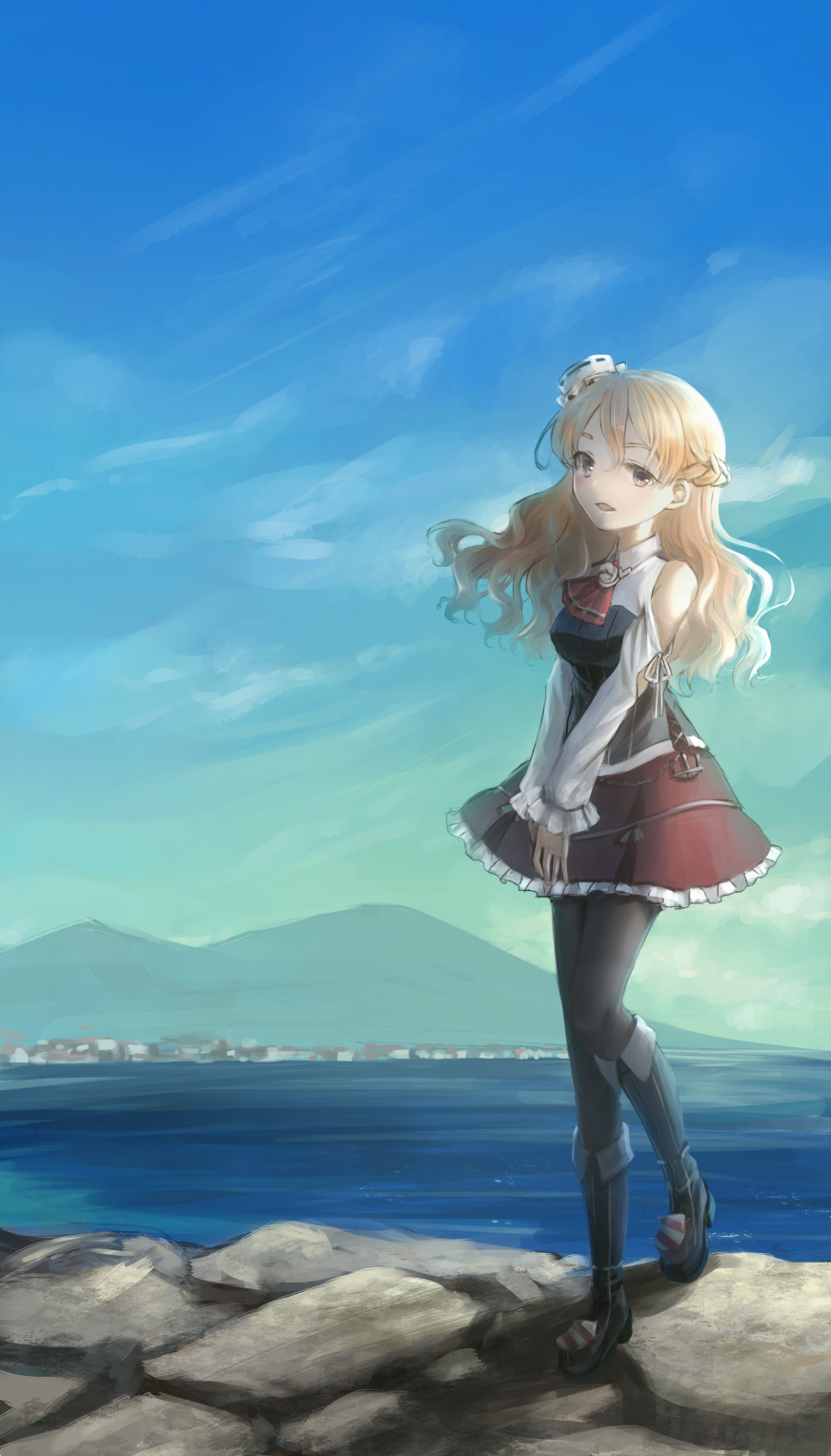 1girl bare_shoulders blonde_hair boots braid brown_eyes city french_braid harbor hat highres kantai_collection mountain ocean pantyhose sky solo tamae_(pixiv40276) zara_(kantai_collection)
