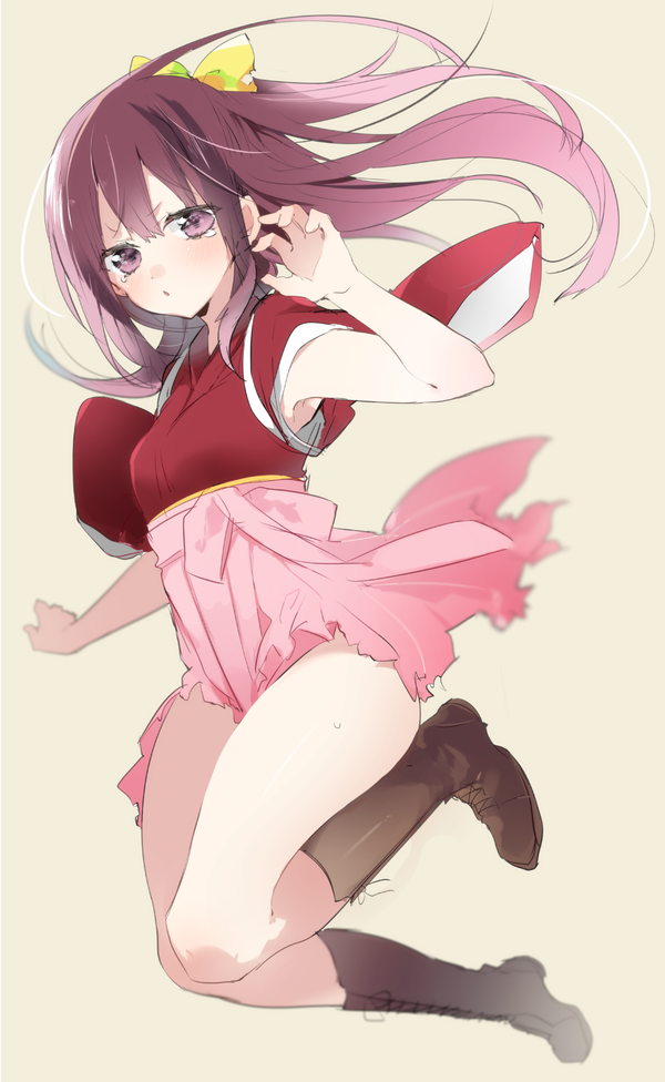 1girl :o armpits boots bow cross-laced_footwear gradient_hair hair_bow hakama japanese_clothes kamikaze_(kantai_collection) kantai_collection kimono lace-up_boots long_hair looking_at_viewer meiji_schoolgirl_uniform multicolored_hair pink_hair purple_hair simple_background sino_(sionori) sketch skirt tasuki tears torn_clothes violet_eyes