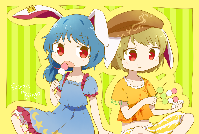 :o :t animal_ears beret blue_dress blue_eyes blush brown_hat character_name chibi collarbone dress earrings eyebrows eyebrows_visible_through_hair food hat holding holding_food jewelry looking_at_viewer low_ponytail orange_shirt puffy_short_sleeves puffy_sleeves rabbit_ears red_eyes ringo_(touhou) seiran_(touhou) shirt short_hair short_sleeves shorts sitting striped touhou vertical-striped_shorts vertical_stripes wavy_mouth yamabuki_(yusuraume)