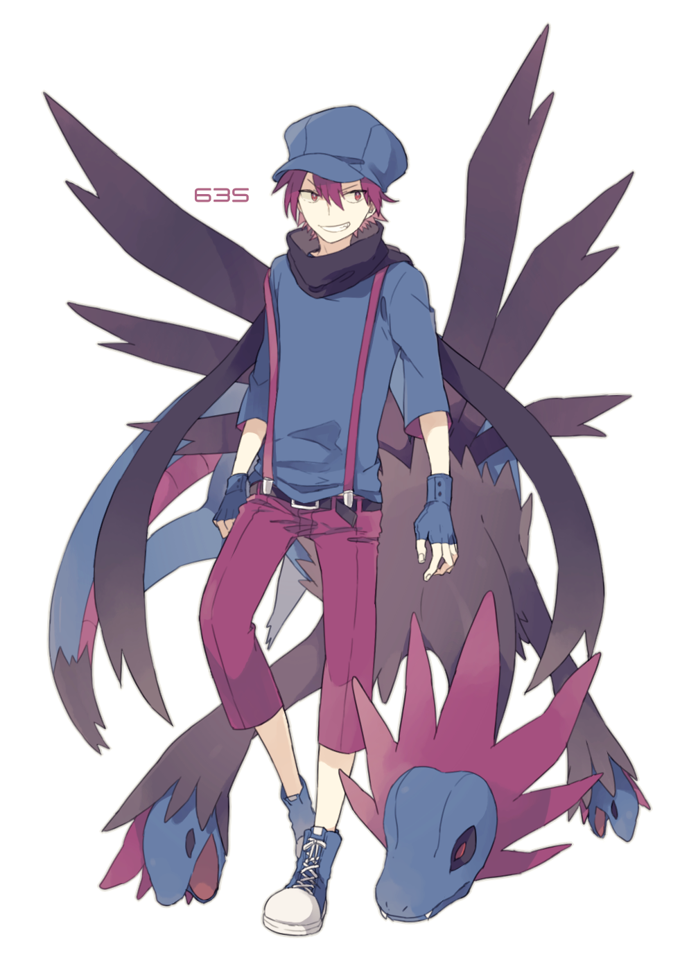 1boy arms_at_sides bangs belt black_scarf blue_boots blue_gloves blue_hat boots cross-laced_footwear fingerless_gloves full_body gloves grin hat highres hydreigon lace-up_boots looking_to_the_side o-ishi pants personification pokemon pokemon_(creature) pokemon_(game) pokemon_bw purple_hair purple_pants red_eyes scarf simple_background sleeves_past_elbows smile standing standing_on_one_leg suspenders white_background