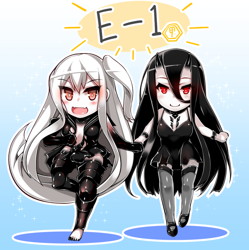 :d aircraft_carrier_hime battleship_hime black_dress black_hair breasts chibi cleavage commentary_request dress fishnet_legwear fishnets fuuki_(nicoseiga) holding_hands horns kantai_collection long_hair looking_at_viewer mary_janes one_side_up open_mouth red_eyes shinkaisei-kan shoes smile spaghetti_strap thigh-highs torn_clothes translation_request white_hair white_skin zettai_ryouiki