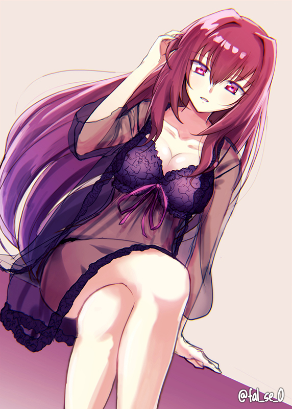1girl breasts cleavage fal fate/grand_order fate_(series) long_hair nightgown purple_hair red_eyes scathach_(fate/grand_order) solo very_long_hair