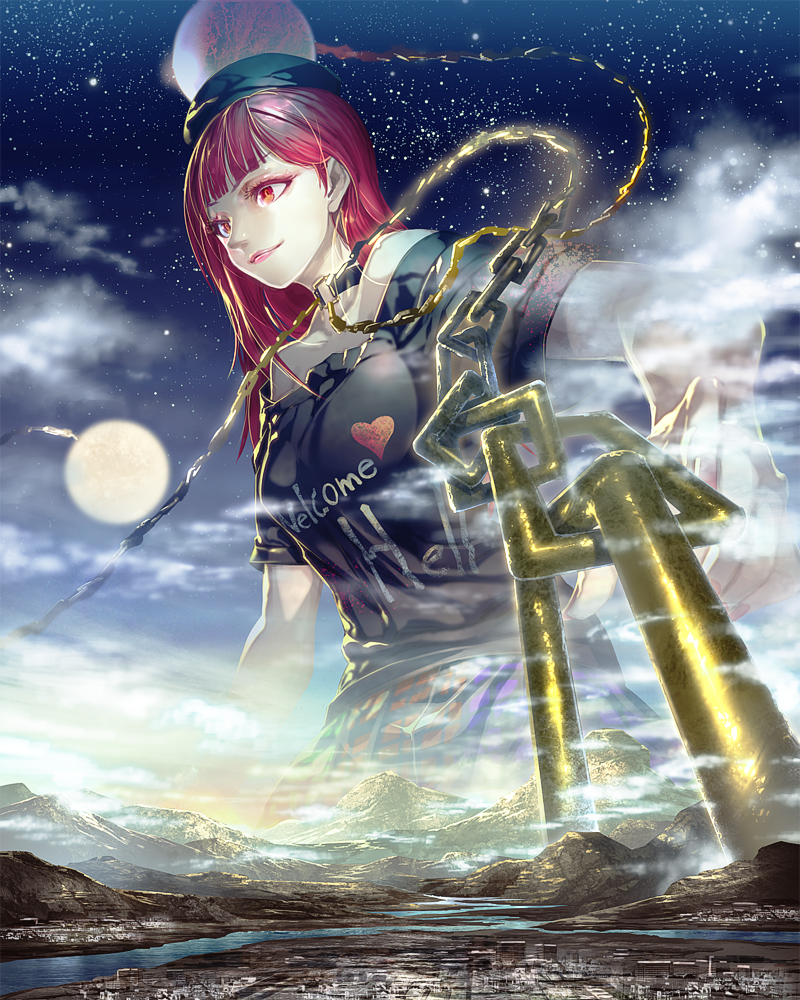 1girl ball chain cityscape collar giantess hat hecatia_lapislazuli hill moon mountain red_eyes redhead shirt skirt sky smile star_(sky) starry_sky t-shirt touhou zounose