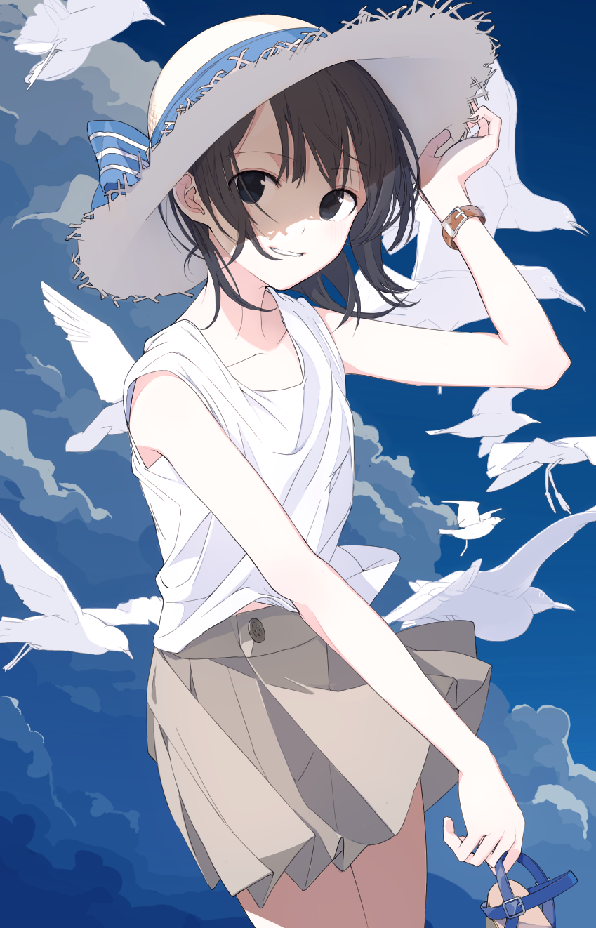 1girl animal aspara bangs bare_arms belt bird black_eyes black_hair blue_bow blue_ribbon blue_sky bow buttons clouds collarbone cowboy_shot flat_chest hand_on_headwear hand_up hat hat_bow hat_ribbon highres holding holding_shoes looking_at_viewer miniskirt ocean original pleated_skirt ribbon sandals seagull shade shoes shoes_removed short_hair skirt sky sleeveless smile solo straw_hat striped striped_bow summer sun_hat swept_bangs white_hat wind