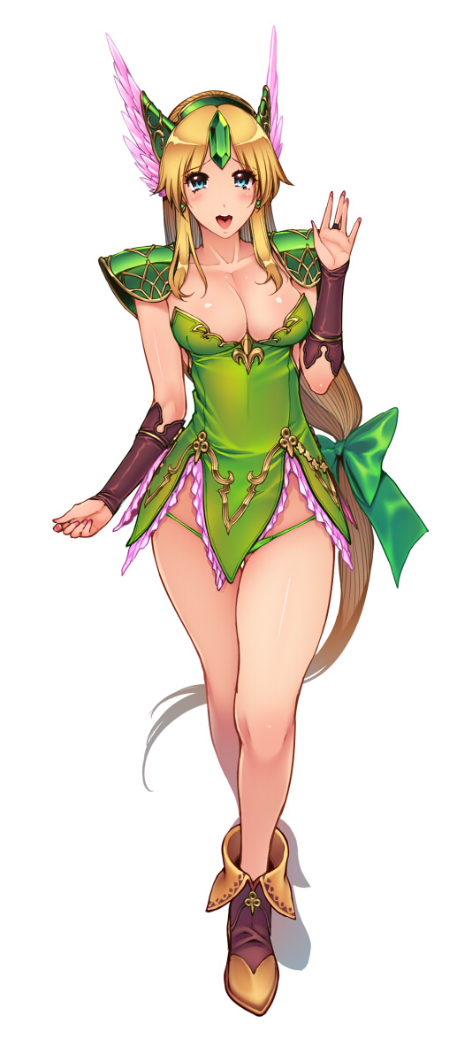 144_(riesztan) 1girl :o blonde_hair blue_eyes blush bow breasts cleavage earrings gloves green_panties hair_bow head_wings highres jewelry large_breasts long_hair looking_at_viewer low-tied_long_hair open_mouth panties riesz seiken_densetsu seiken_densetsu_3 shadow simple_background solo standing underwear very_long_hair waving white_background