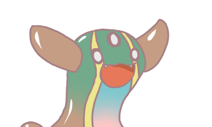 1girl :3 :d antlers blue_skin blush chibi creature fangs gastrodon gyate_gyate horns lowres meme multicoloured_skin nintendo no_humans open_mouth pink_skin pokemon pokemon_(creature) smile solo teeth third_eye three-eyed