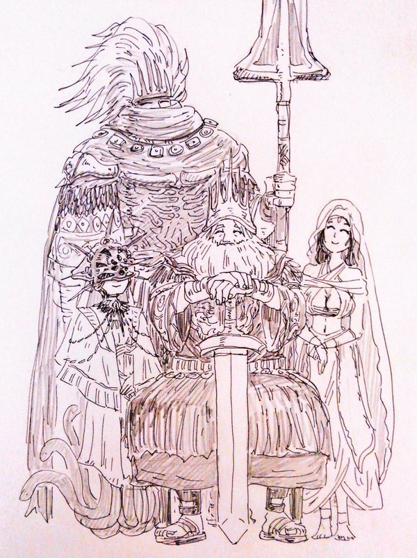 1girl 3boys armor atakabouchi beard breasts cleavage crown dark_souls dark_souls_iii dark_sun_gwyndolin facial_hair family gwyn_lord_of_cinder helmet large_breasts long_hair mask multiple_boys nameless_king polearm queen_of_sunlight_gwynevere robe short_hair smile souls_(from_software) spear sword veil weapon