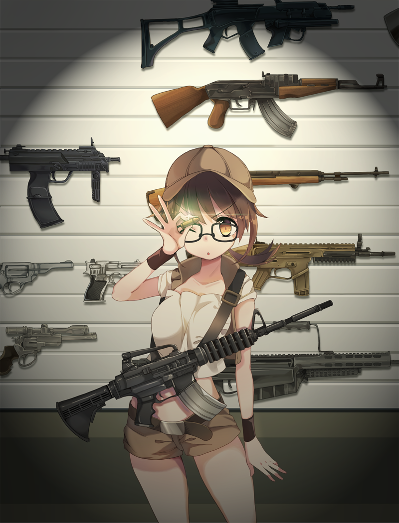 &gt;;o 1girl adcd ag36 ak-47 anti-materiel_rifle assault_rifle barrett_m82 baseball_cap battle_rifle belt black-framed_glasses brown_eyes brown_hair bullet collarbone crop_top fio_germi fn_scar g36 gun h&amp;k_mp7 handgun hat heckler_&amp;_koch holding m14 m4_carbine metal_slug midriff pistol ponytail revolver rifle shirt short_shorts short_sleeves shorts sniper_rifle solo sparkle submachine_gun weapon weapon_request white_shirt wristband