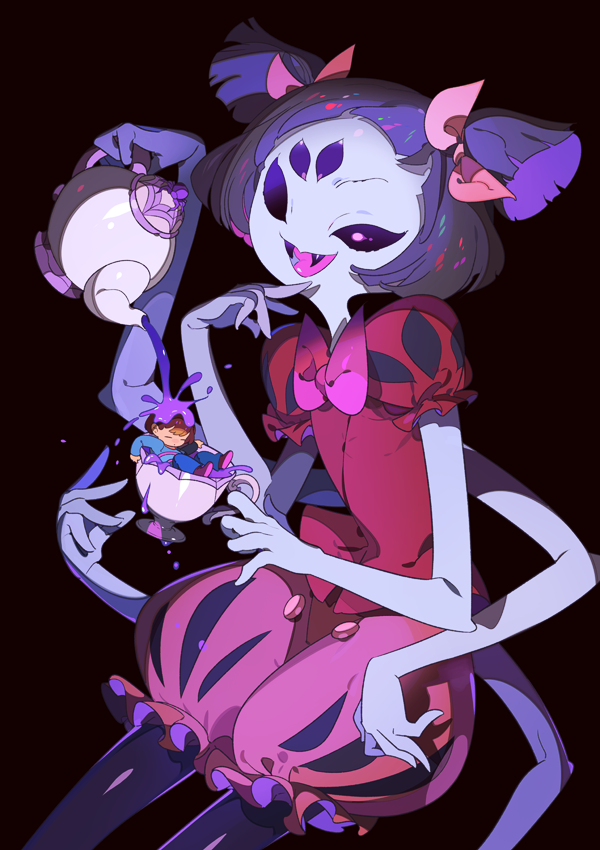 1girl :d androgynous black_eyes black_hair blue_skin brown_hair closed_eyes cowboy_shot cup extra_eyes fangs frisk_(undertale) hair_ribbon in_container in_cup insect_girl maruco muffet multiple_arms one_eye_closed open_mouth pantyhose pouring puffy_pants puffy_short_sleeves puffy_sleeves purple_background ribbon shirt short_sleeves short_twintails simple_background smile spider_girl striped striped_shirt teacup teapot twintails undertale