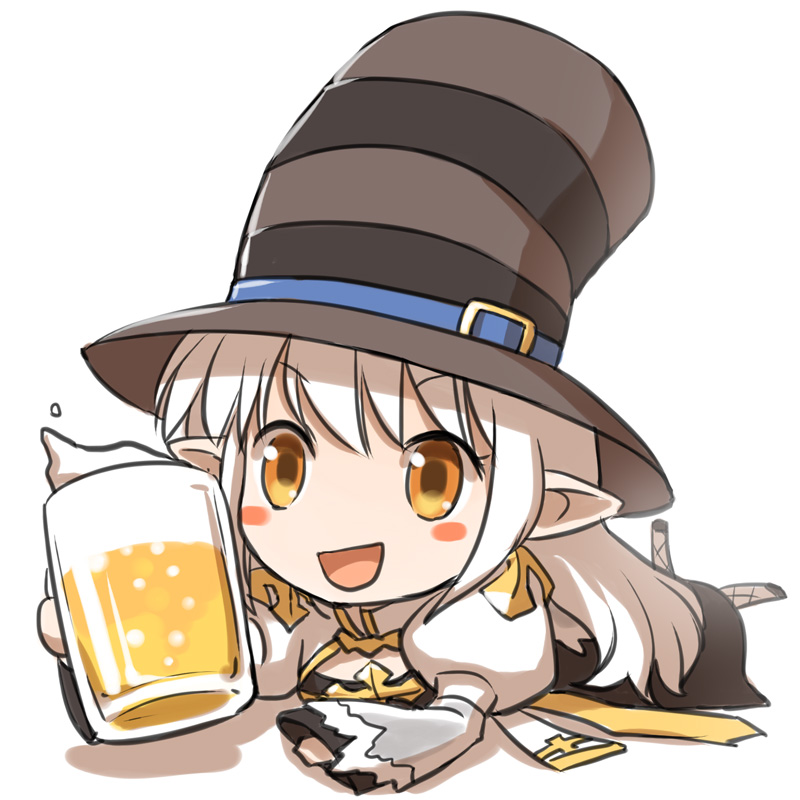 1girl :d alcohol arch_bishop_(ragnarok_online) bangs beer beer_mug belt black_footwear blue_belt blush_stickers brown_headwear chibi cleavage_cutout clothing_cutout commentary_request cross cup dress eyebrows_visible_through_hair fishnet_legwear fishnets full_body hat hat_belt juliet_sleeves long_hair long_sleeves looking_at_viewer lying mug natsuya_(kuttuki) on_stomach open_mouth pointy_ears puffy_sleeves ragnarok_online shoes simple_background smile solo striped striped_headwear the_pose thigh-highs top_hat two-tone_dress v-shaped_eyebrows white_background white_dress white_legwear