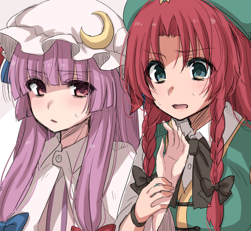 2girls arm_grab asa_(coco) beret blue_ribbon blush braid capelet crescent double_bun dress embarrassed eyebrows eyebrows_visible_through_hair green_eyes hair_ribbon hat hat_ornament hong_meiling long_hair looking_at_another mob_cap multiple_girls patchouli_knowledge purple_hair red_ribbon redhead ribbon sketch striped striped_dress touhou tress_ribbon twin_braids violet_eyes