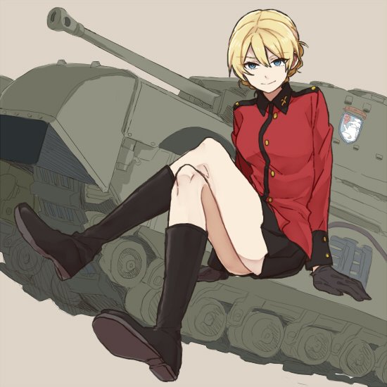 bangs blonde_hair blue_eyes boots cannon churchill_(tank) commentary_request crossed_legs darjeeling epaulettes girls_und_panzer gloves hair_up jacket military military_uniform military_vehicle pleated_skirt ree_(re-19) school_emblem sitting skirt smile tank tank_turret uniform vehicle
