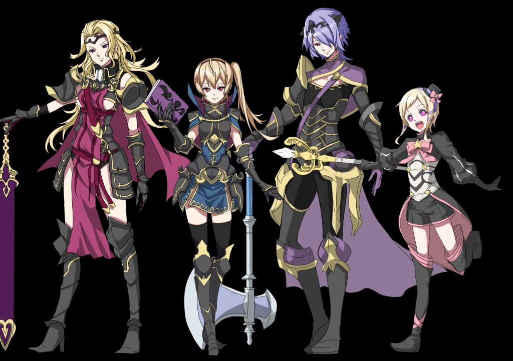 armor axe black_background blonde_hair book boots breasts brother_and_sister brothers camilla_(fire_emblem_if) cape elise_(fire_emblem_if) fire_emblem fire_emblem_if genderswap genderswap_(ftm) genderswap_(mtf) gloves hair_over_one_eye hat leon_(fire_emblem_if) long_hair maruo_(mokurentenpu) marx_(fire_emblem_if) open_mouth orange_eyes purple_hair red_eyes siblings side_ponytail simple_background sisters staff sword tiara weapon
