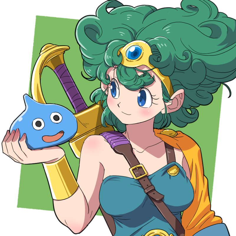 1girl bare_shoulders blue_eyes dragon_quest dragon_quest_iv green_hair heroine_(dq4) short_hair slime_(dragon_quest) smile solo sword weapon yazwo
